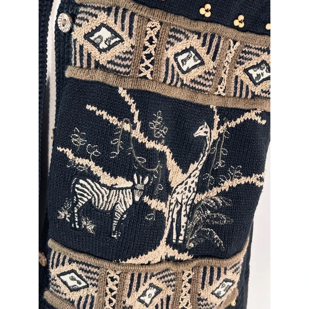 Sharon Young Sportswear Safari Animal Knit Vest‎ Black Peacock Zebra Giraffe Vtg